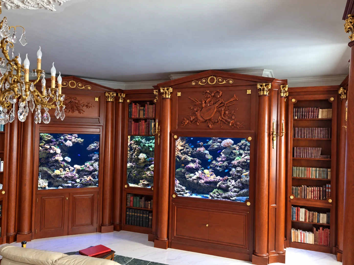 Aquarium récifal en bibliothèque