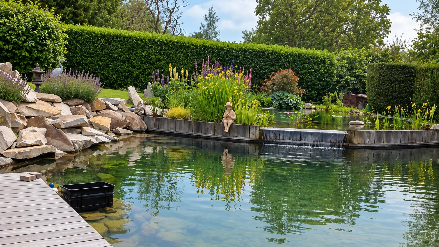 Piscine naturelle avec cascade et lagunage végétalisé