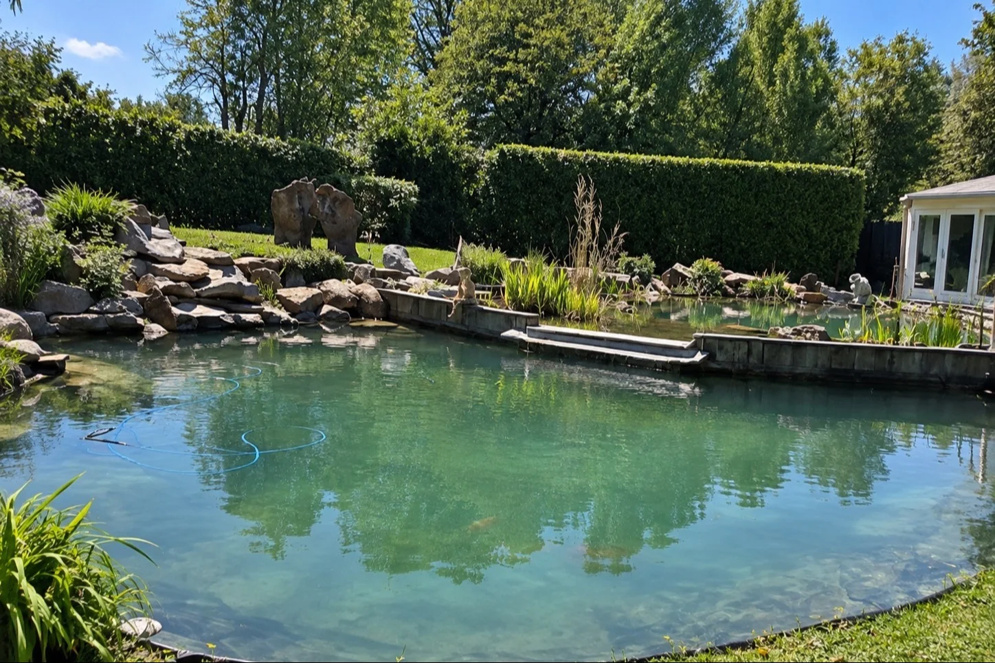 Piscine naturelle avec cascade et lagunage végétalisé