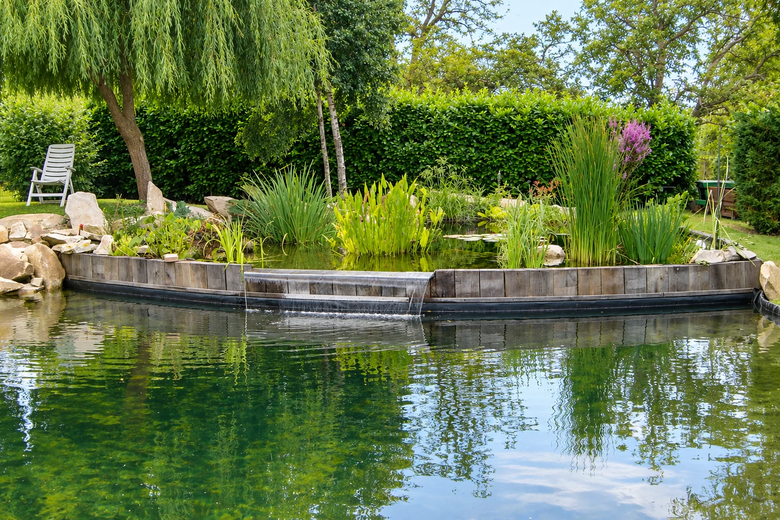 Piscine naturelle avec cascade et lagunage végétalisé