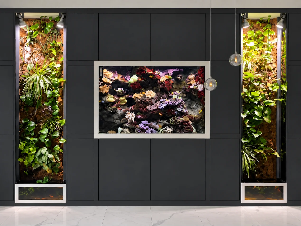 Aquarium récifal avec murs végétaux intégrés